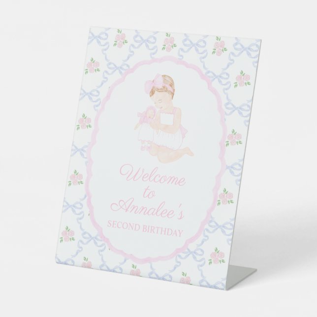 Preppy Grandmillennial Dolly & Me Floral Bows Pedestal Sign (Front)