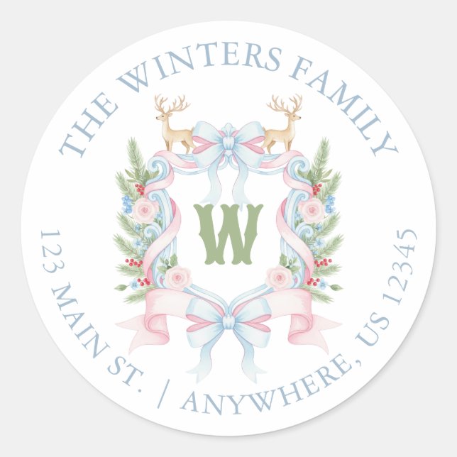 Preppy Grandmillennial Monogram Crest Address Classic Round Sticker (Front)
