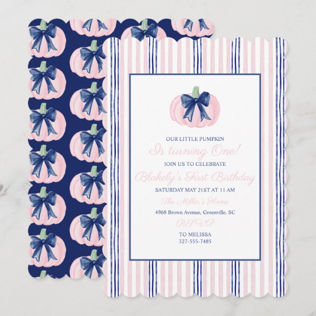 Preppy Grandmillennial Navy Our Little Pumpkin Invitation (Front/Back)