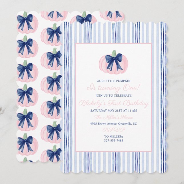 Preppy Grandmillennial Navy Our Little Pumpkin  Invitation (Front/Back)