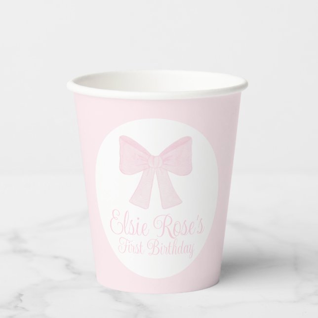 Preppy Grandmillennial Pink Bow First Birthday  Paper Cups (Front)