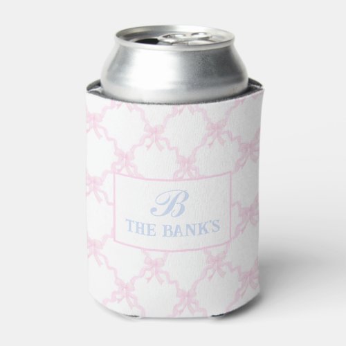 Preppy Grandmillennial Pink bow trellis Monogram  Can Cooler