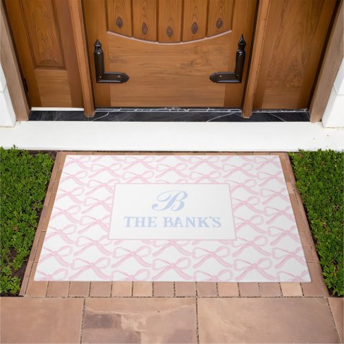 Preppy Grandmillennial Pink bow trellis Monogram  Doormat