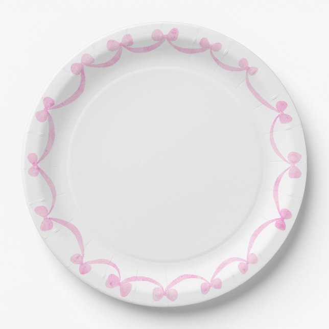 Preppy Grandmillennial Pink Bows Ribbon Paper Plates (Front)