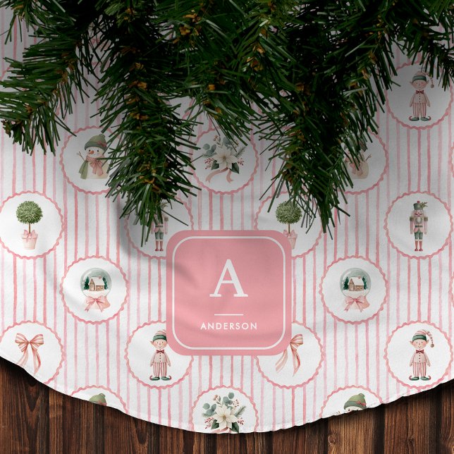 Preppy Grandmillennial Pink Nutcracker Christmas Brushed Polyester Tree Skirt (Creator Uploaded)