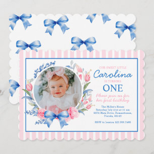 Preppy Grandmillennial Preppy Floral Blue Bows Invitation