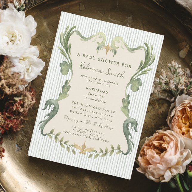 Preppy Grandmillennial Sage Green Baby Shower Invitation (Creator Uploaded)