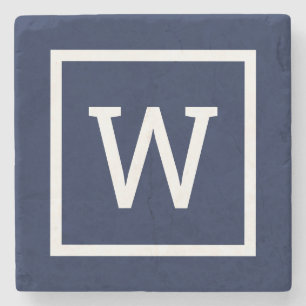 Preppy Graphic Border Monogram Simple Navy Blue Stone Coaster