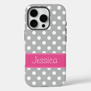 Preppy Gray and White Polka Dots Personalized iPhone 16 Pro Case