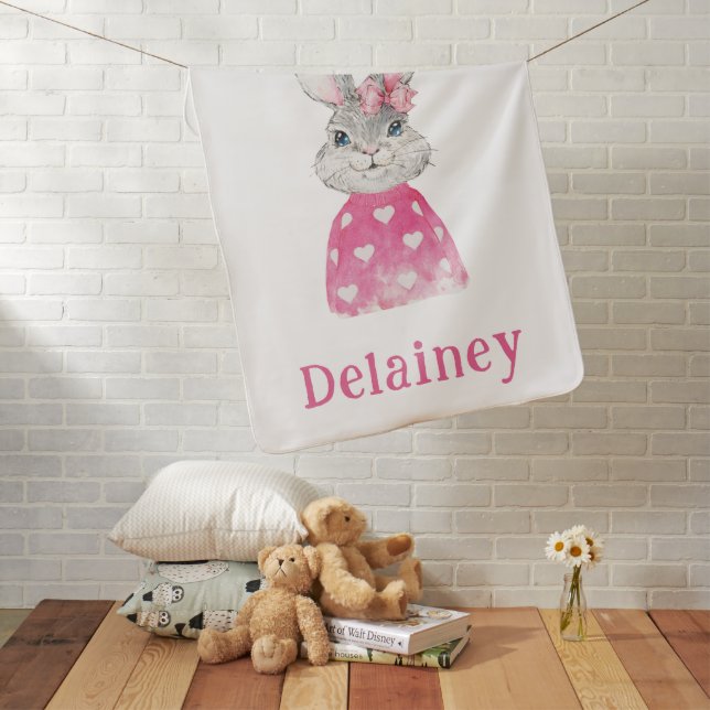 Preppy Gray Bunny Pink Heart Sweater Personalized Baby Blanket (In Situ)