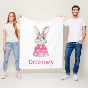 Preppy Gray Bunny Pink Heart Sweater Personalized Fleece Blanket