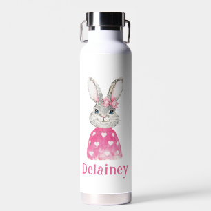 Preppy Gray Bunny Pink Heart Sweater Personalized Water Bottle