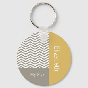 Preppy Gray Chevron Yellow Geometric With Name Keychain