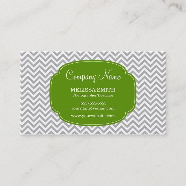 Preppy Gray Green Chevron Pattern Business Card (Front)