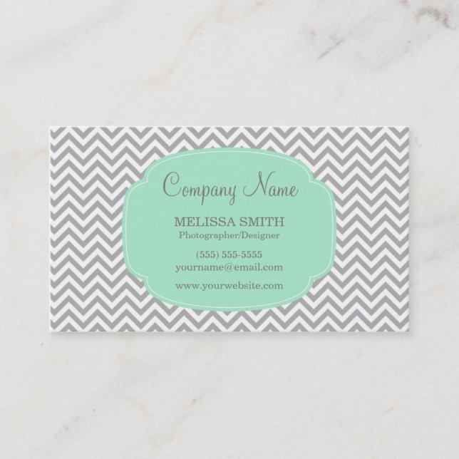 Preppy Gray Mint Chevron Business Card (Front)