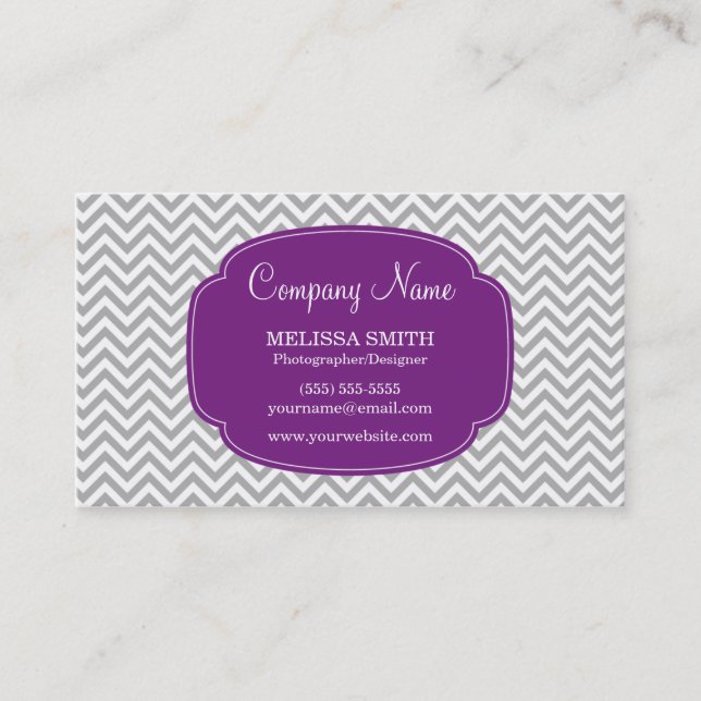 Preppy Gray Purple Chevron Pattern Business Card (Front)