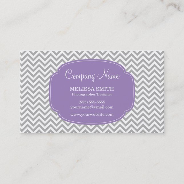 Preppy Gray Soft Purple Chevron Pattern Business Card (Front)