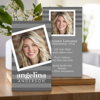 Preppy Gray Striped Pattern Custom Name and Photo Business Card
