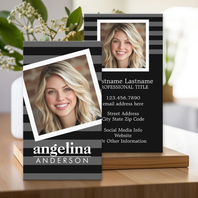 Preppy Gray Striped Pattern Custom Name and Photo Business Card (Custom Business Cards)