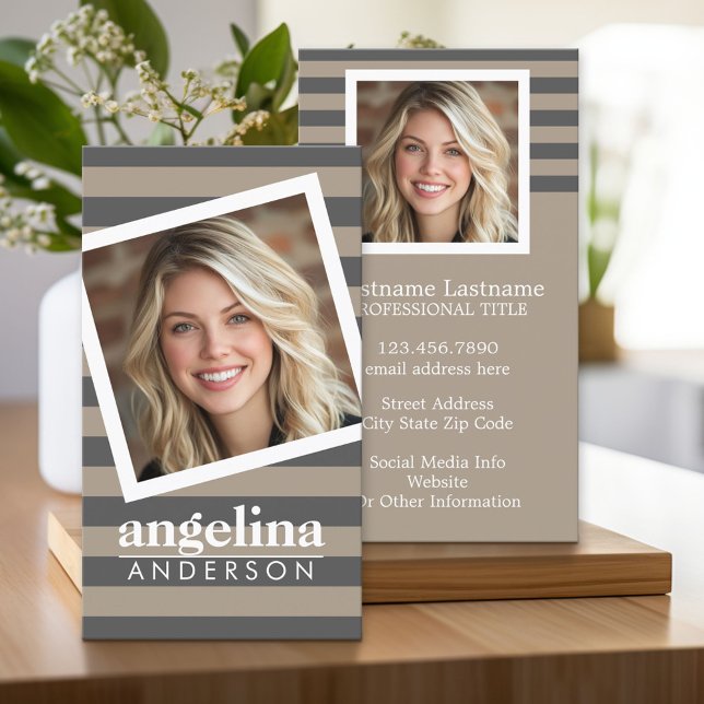 Preppy Gray Striped Pattern Custom Name and Photo Business Card (Custom Business Cards)