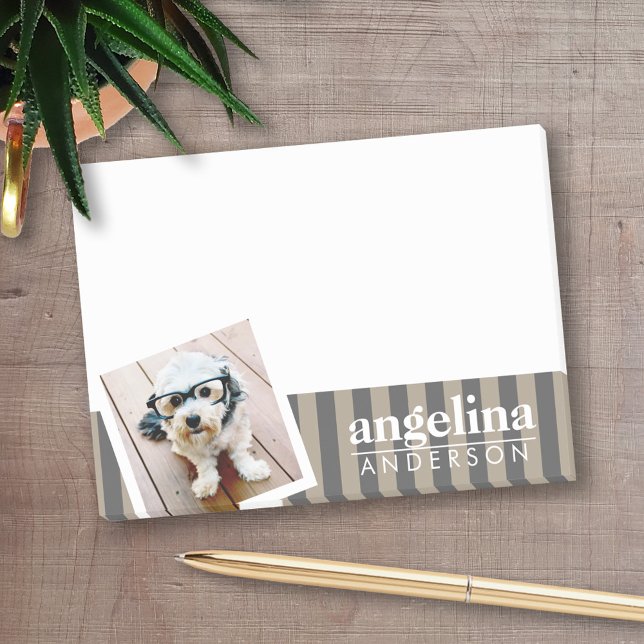 Preppy Gray Striped Pattern Custom Name and Photo Post-it Notes (Personalized post-it notes with an area to add your name or other text)