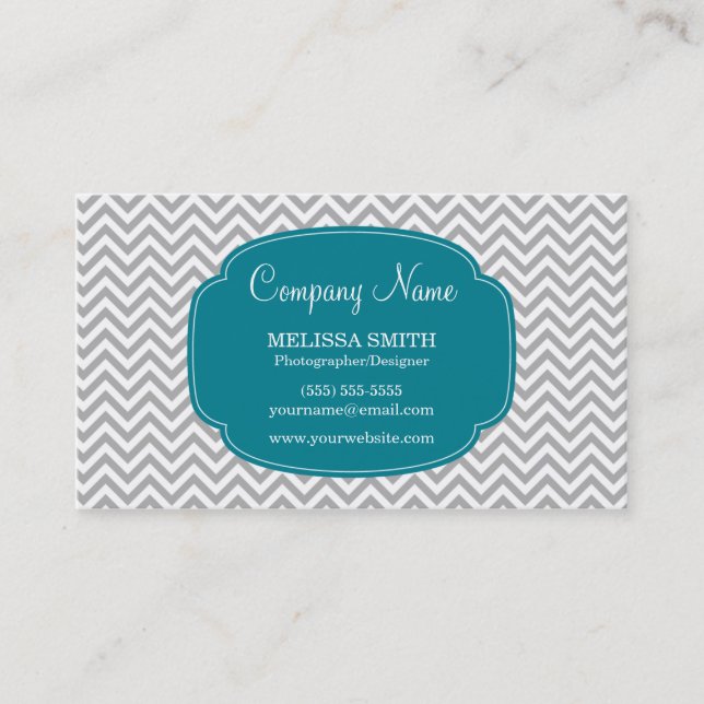 Preppy Gray Teal Blue Chevron Pattern Business Card (Front)