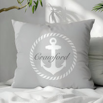 Preppy Gray &amp; White Nautical Anchor Monogram Throw Pillow