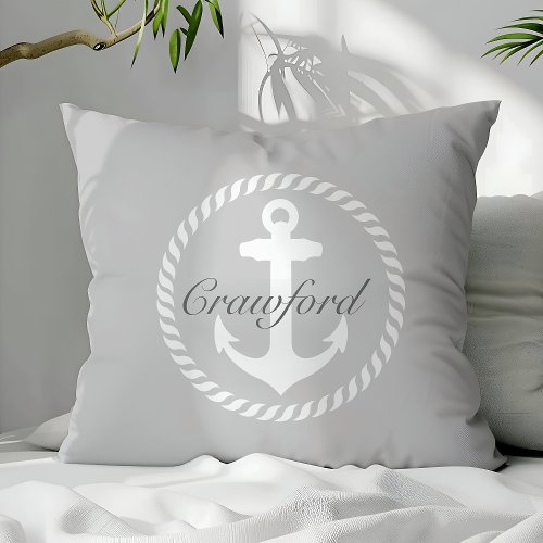 Preppy Gray &Amp;Amp; White Nautical Anchor Monogram Throw Pillow