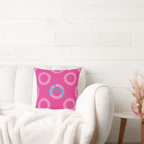 Preppy Greek Key Circles Pink White Custom Initial Throw Pillow