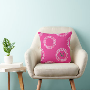 Preppy Greek Key Circles Pink White Green INITIAL  Throw Pillow