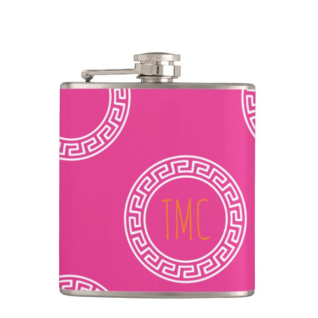 Preppy Greek Key Circles Sorority Initials Pink Flask (Front)
