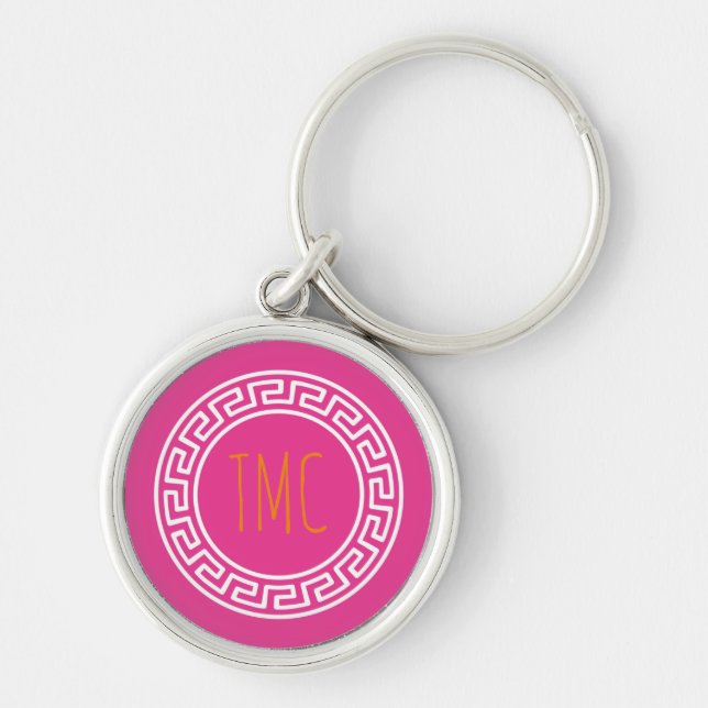 Preppy Greek Key Circles Sorority INITIALS Pink Keychain (Front)
