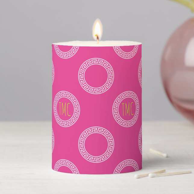 Preppy Greek Key Circles Sorority Initials Pink Pillar Candle (In Situ)