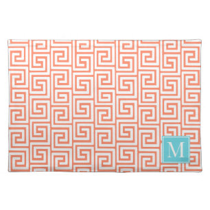 Preppy Greek Key Monogram – Coral & Turquoise Cloth Placemat