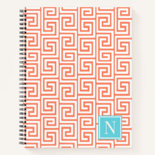 Preppy Greek Key Monogram – Coral & Turquoise Notebook