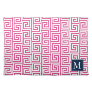 Preppy Greek Key Monogram – Hot Pink & Navy Cloth Placemat