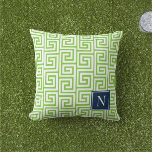 Preppy Greek Key Monogram – Lime Green & Navy Outdoor Pillow