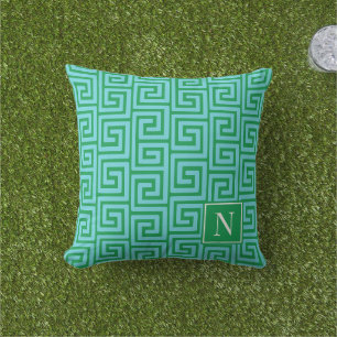 Preppy Greek Key Monogram – Turquoise & Green Outdoor Pillow