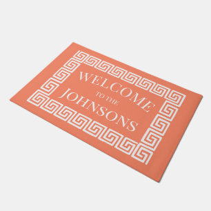 Preppy Greek Key – Personalized Coral & White Doormat