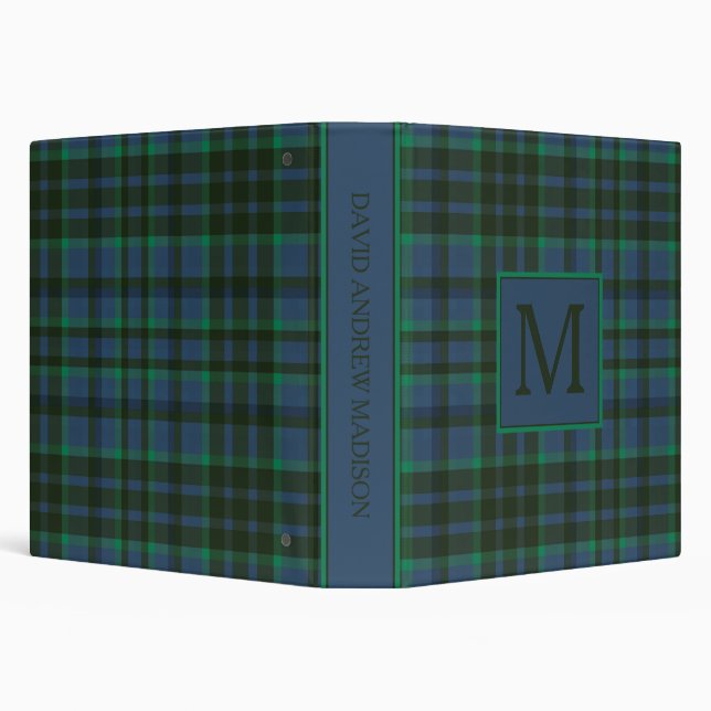 Preppy Green and Blue Plaid Monogram 3 Ring Binder (Background)