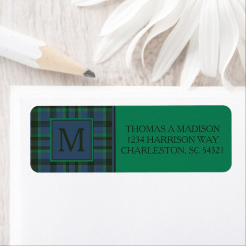 Preppy Green and Blue Plaid Monogram Label