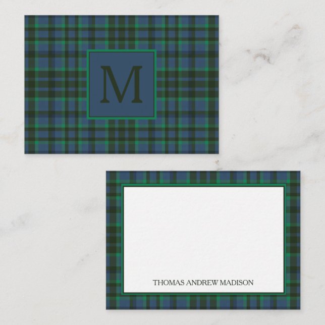Preppy Green and Blue Plaid Monogram Note Card (Front/Back)