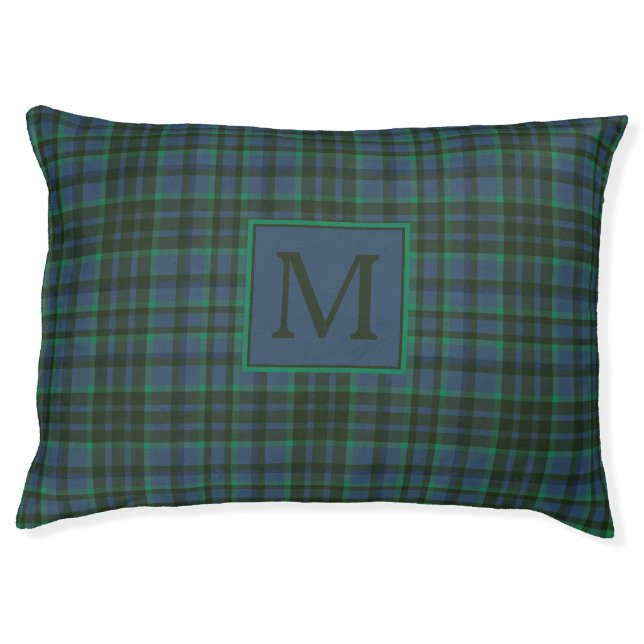 Preppy Green and Blue Plaid Monogram Pet Bed (Front)