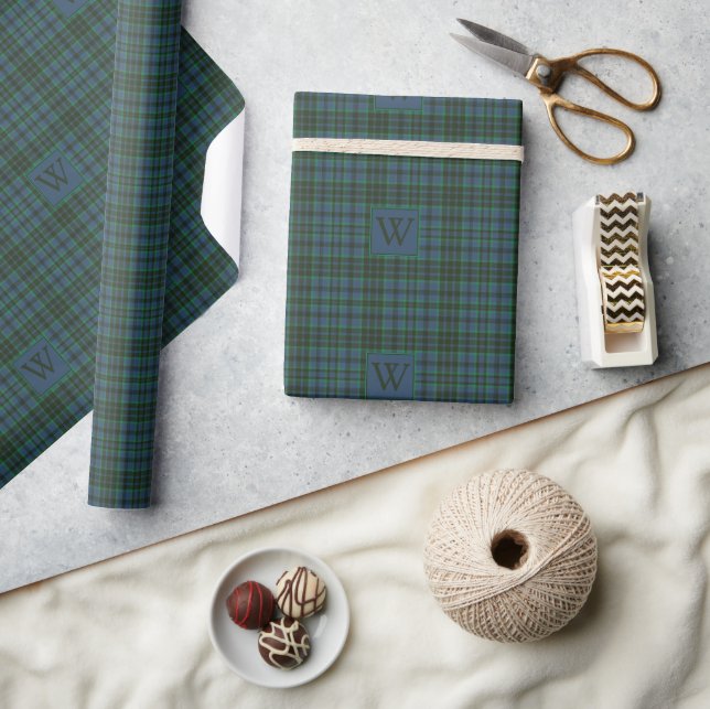 Preppy Green and Blue Plaid Monogram Wrapping Paper (Crafts)