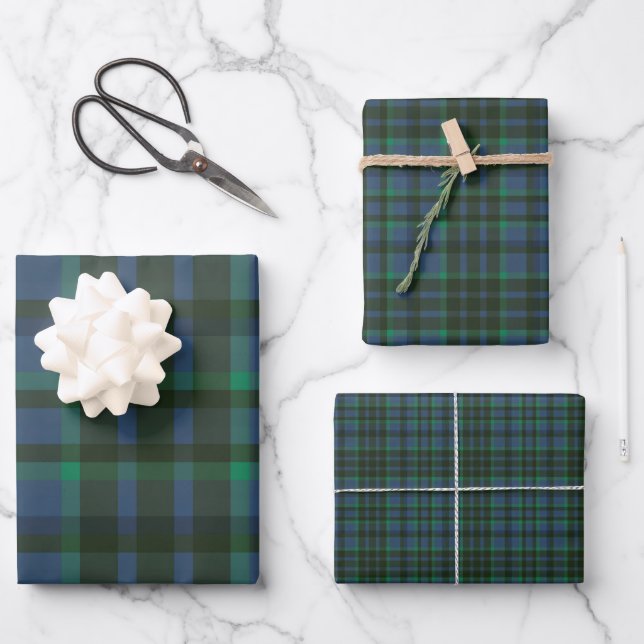 Preppy Green and Blue Plaid Wrapping Paper Sheets (Front)