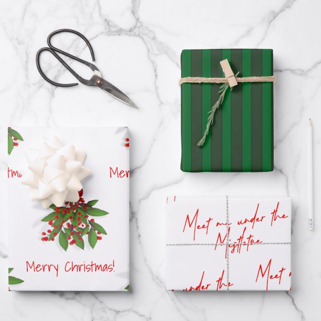 Preppy Green and Mistletoe Christmas Wrapping Paper Sheets (Front)