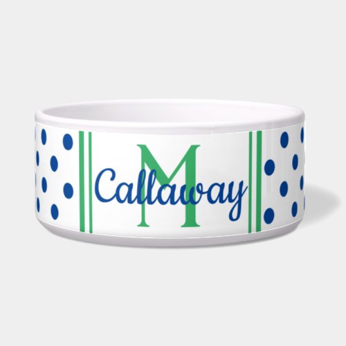 Preppy Green and Navy Blue Polka Dot Monogram Bowl