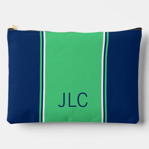 Preppy Green and Navy Blue Stripe Monogram Accessory Pouch