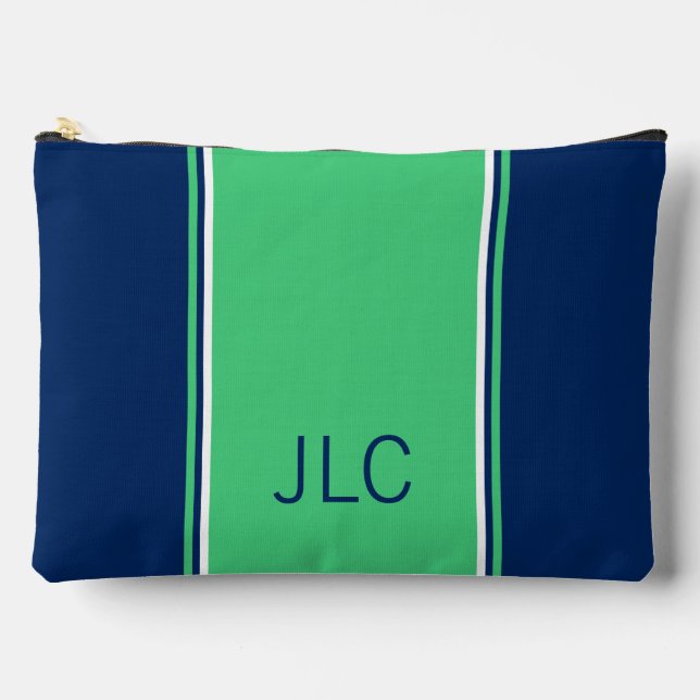 Preppy Green and Navy Blue Stripe Monogram Accessory Pouch (Front)
