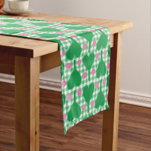 Preppy Green and Pink Wedding Gingham Pickleball Medium Table Runner